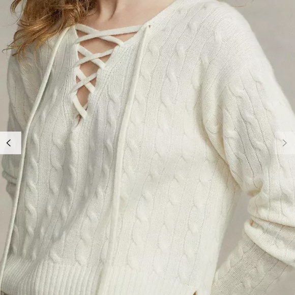 Polo Ralph Lauren Lace Up Neck Cashmere Sweater Cable Cream NWT XL - Picture 4 of 8